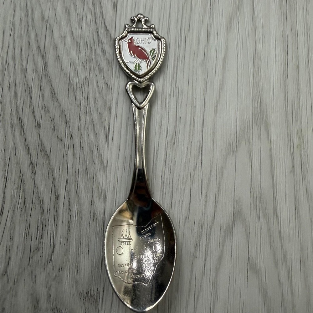 Ohio Souvenir Spoon Fort USA Enamel Cardinal Heart State Map
